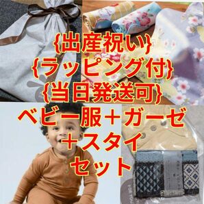 出産祝い {ラッピング付} ベビー服 ロンパース+スタイ+ガーゼ 4点セット