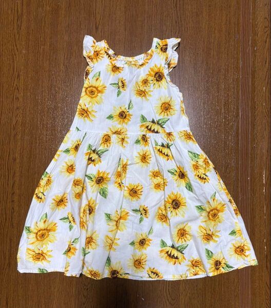 【jua 120cm】女の子 ひまわり柄ワンピース 綿100% ノースリーブ 子供服 夏服