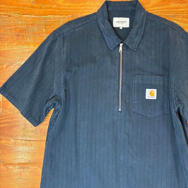 Carhartt WIP 半袖 シャツ ハーフジップ ヒッコリー デニム L 紺 カーハート ネイビー ストライプ ワークシャツ