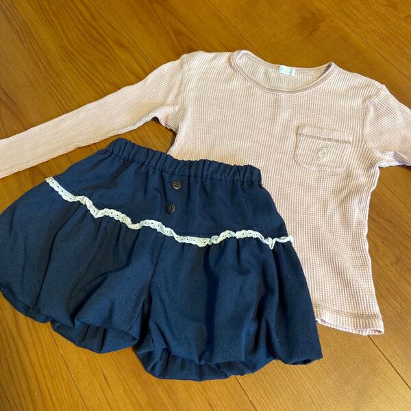 110 女の子 長袖 ワッフル Tシャツ ショートパンツ かぼちゃパンツ セット売り 2点セット