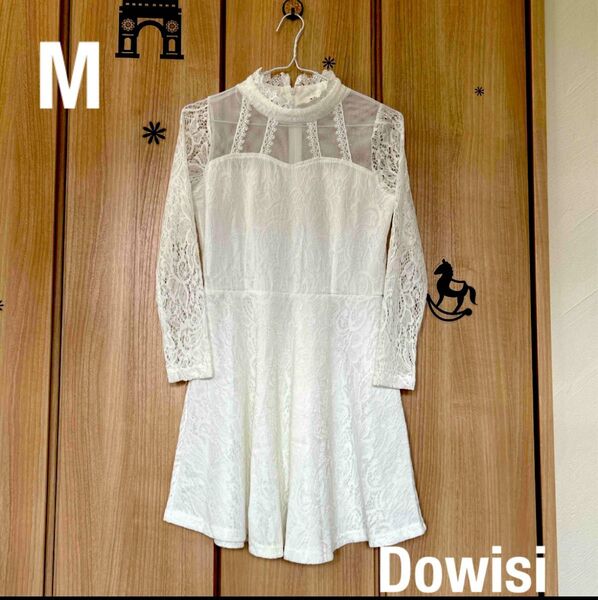 MドゥウィジーDowisiデコルテシースルーレース袖 ワンピース ホワイト