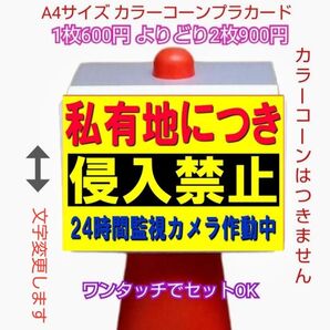 A4サイズカラーコーンプラカード408『私有地につき侵入禁止24時間監視カメラ作動中』