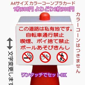 A4サイズカラーコーンプラカード416『この道路は私有地です自転車通行禁止喫煙ポイ捨て禁止ボールあそびきんし』