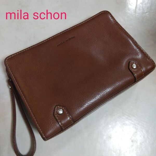 mila schon ミラショーン 中古美品 レザー セカンド クラッチバッグ ブラウン