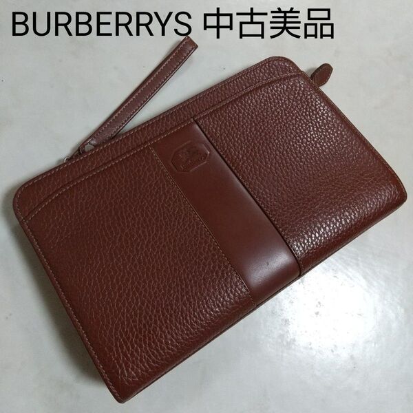 BURBERRYS 中古美品 バーバリー レザー ストラップ付き セカンドバッグ クラッチバッグ