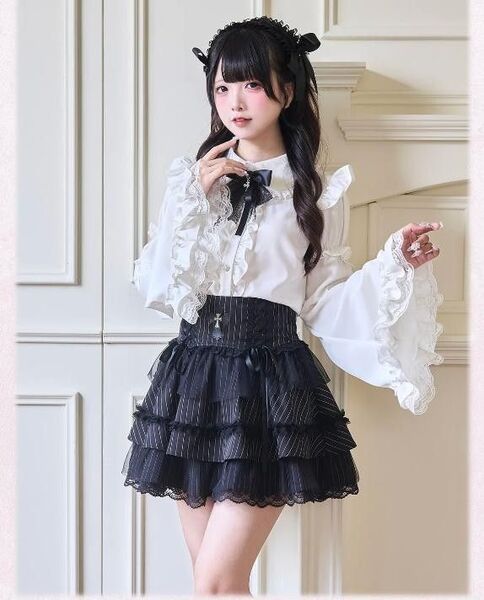 白 お嬢様 デート用 長袖半袖2way フリルブラウス ブローチ付き フレアレース スリーブ 白 ドレス オープンショルダー
