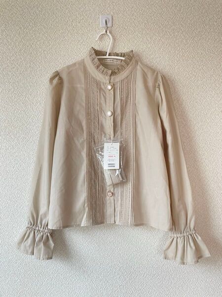 新品 NICE CLAUP ピンタックレースブラウス キャンディースリーブ F リボン付き