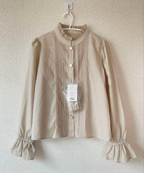 新品 NICE CLAUP ピンタックレースブラウス キャンディースリーブ F リボン付き OLファッション