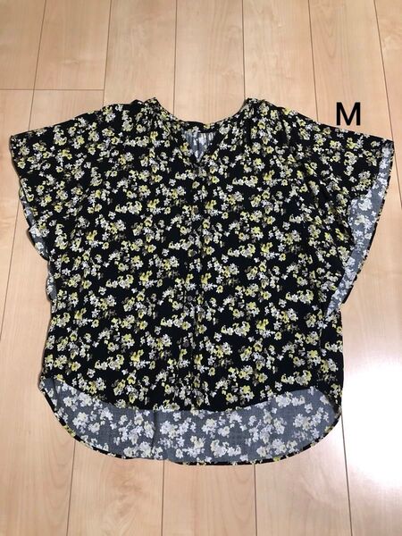 M 花柄 グローバルワーク さらさらリラックスブラウス 半袖 Tシャツ 黒 黄色
