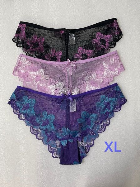 XL 3枚セット ショーツ レース 花柄 リボン フルバック セクシー 下着
