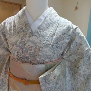 【即決】白紬 風景花文 身丈144(肩から) 裄63 袷 オシャレ 上品 未使用に近い 端切れ付 良品