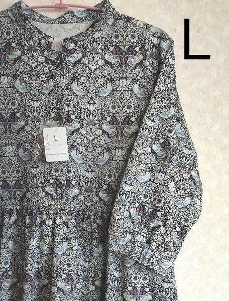 【新品】Lサイズ ウィリアム・モリス いちご泥棒 7分そでワンピース ブルーグレー