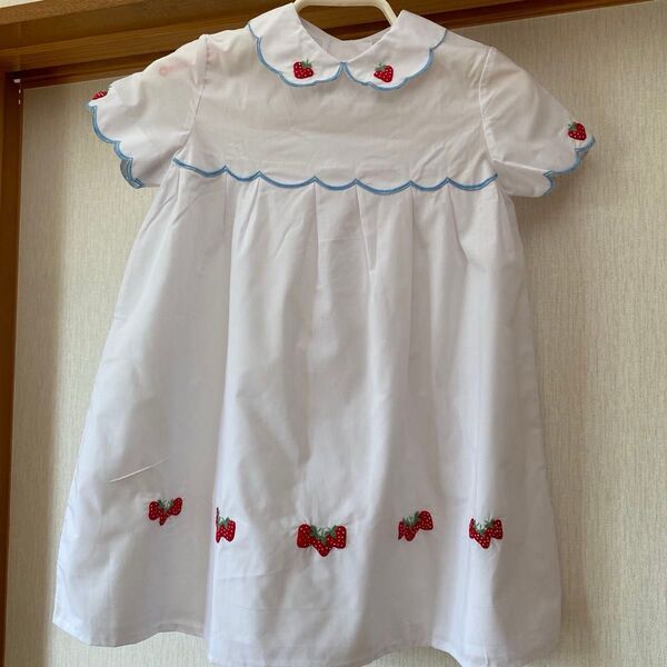 昭和 レトロ 女の子 いちご刺繍 半袖 丸襟ワンピース ホワイト 白 サイズ120
