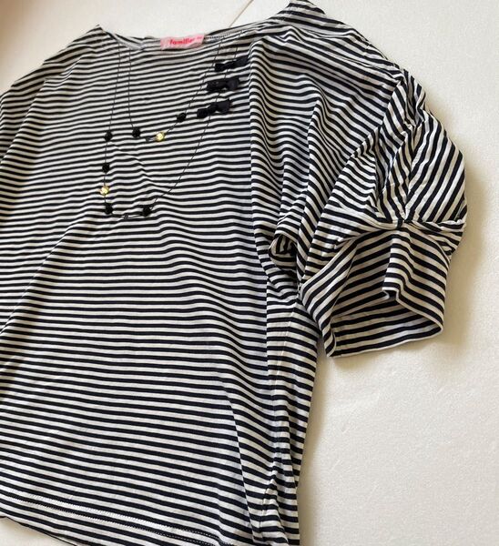 ファミリア familiar 150 ドルマンスリーブ Tシャツ カットソー ボーダー 半袖 ビジュー リボン
