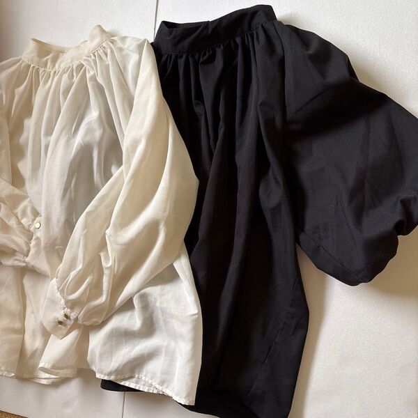 美品2枚セット ブラウス バルーン半袖 シースルー長袖 黒オフホワイト Lサイズ