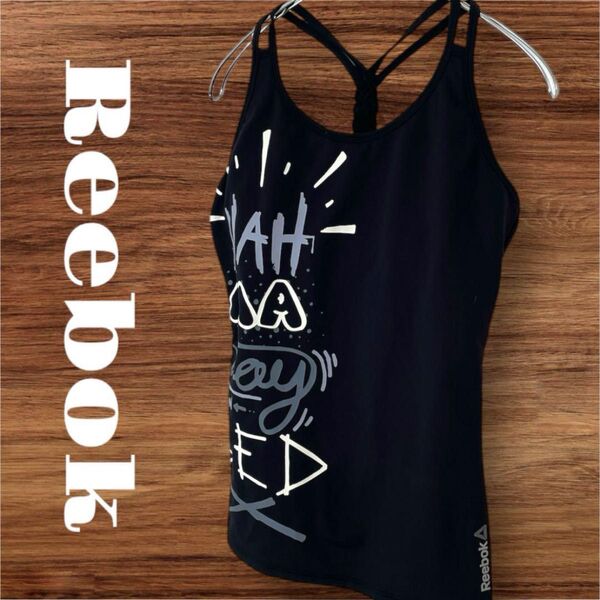 Reebok リーボック トップス キャミソール ノースリーブ タンクトップ レディース L 黒 ブラック ロゴ プリント