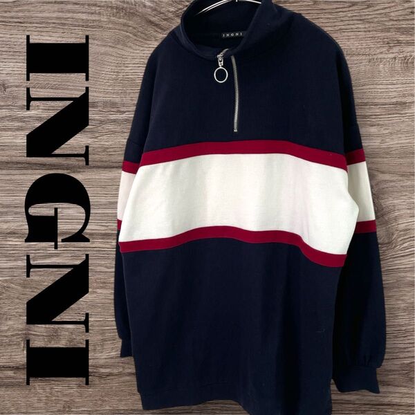INGNI イング トップス トレーナー 長袖 ハーフジップ プルオーバー レディース M ネイビー 紺 オーバー チュニック丈