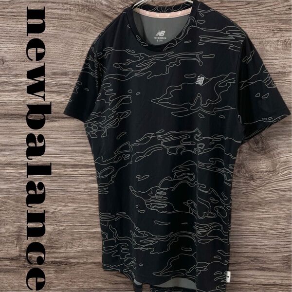 newbalance ニューバランス Tシャツ トップス 半袖 プリントTシャツ 総柄 レディース S ブラック 黒