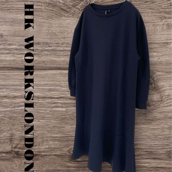HK WORKSLONDON ワンピース ロングワンピース マキシ丈ワンピース 長袖 無地 レディース L ネイビー 紺