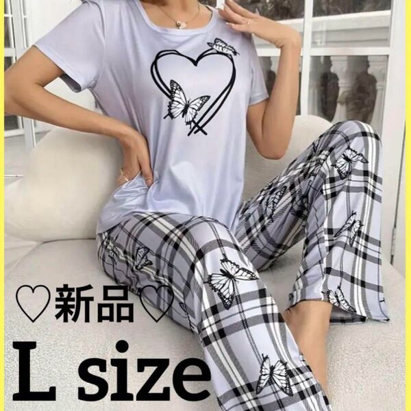 ルームウェア パジャマ 部屋着 上下セット 半袖 長ズボン レディース L パープル 新品 未使用