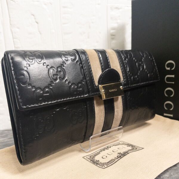 《希少モデル》グッチ GUCCIグッチシマWホック 二つ折り 長財布トレジャーベロアライン 本革ブラック