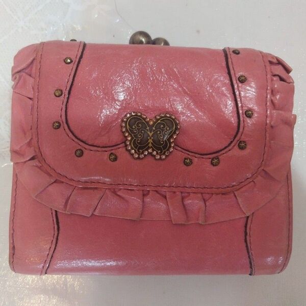 【USED】ANNA SUI、アナスイ、三つ折り財布、がま口、ピンク、レザー