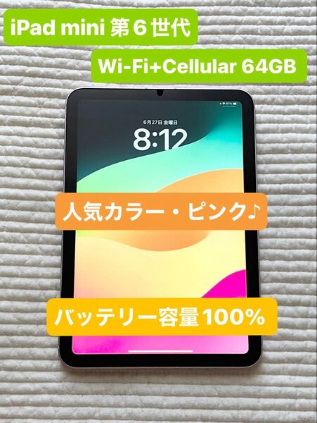 【極美品】iPad mini 第6世代 Wi-Fi+Cellular 64GB ピンク バッテリー最大容量100% 人気色!