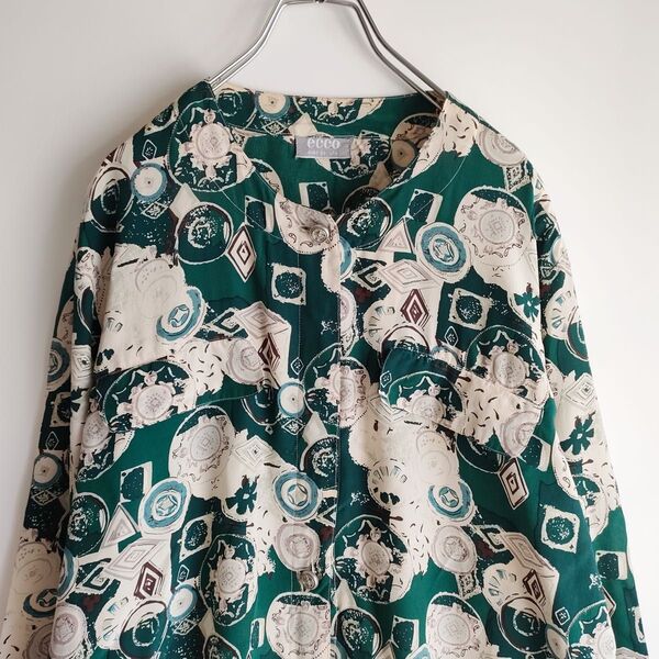 スカーフ柄 シルク 柄シャツ 長袖 ビンテージ ヴィンテージ XL グリーン