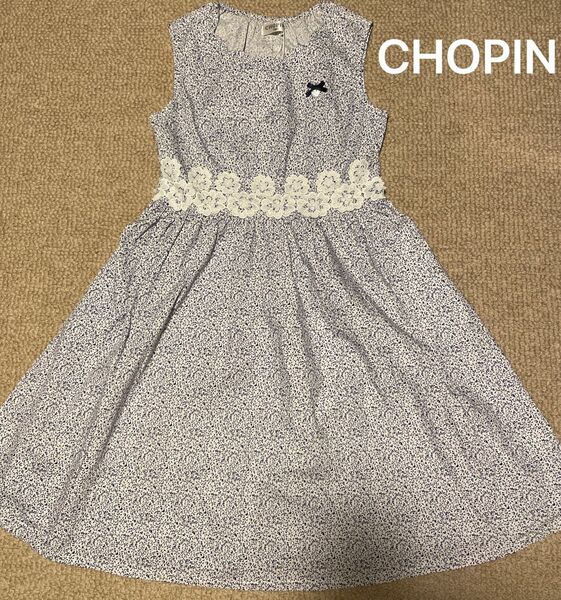 超美品 CHOPIN ショパン 未使用 ノースリーブワンピース 150 白 紺 花柄 レース 発表会 卒業式 イベント 結婚式