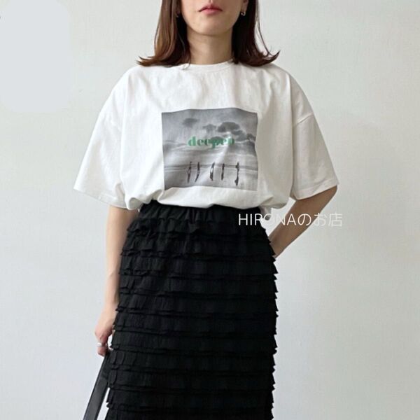 綿天竺 グラフィック フォトプリント Tシャツ ビッグ ワンサイズ シンプル ロゴT コットン 半袖 白 タグ付き グリーン