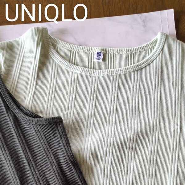 UNIQLO ユニクロ リブニット カーキ系ノースリーブ+ライムグリーン半袖 2点セット トップス