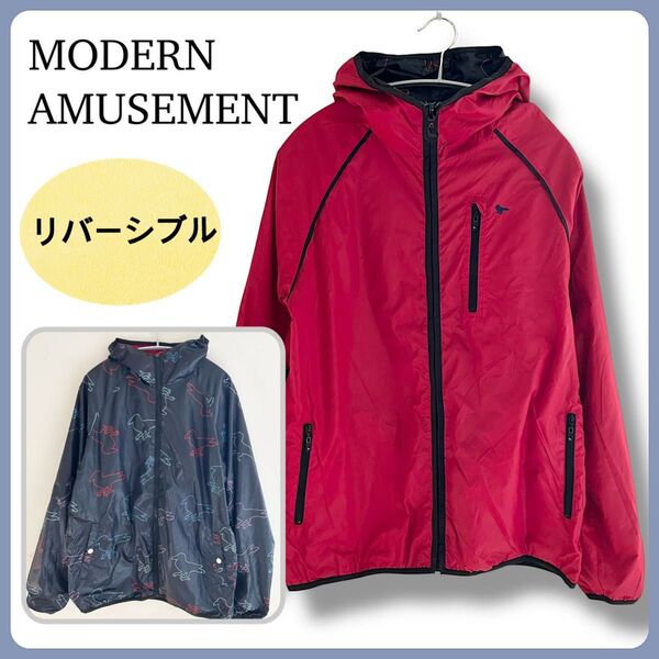 MODERN AMUSEMENT リバーシブル ウインドブレーカー ナイロンジャケット フード付き パーカー レッド ブラック
