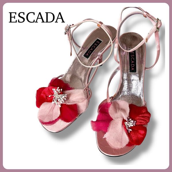 ESCADA フラワーモチーフ サンダル ピンク ハイヒール 38 華やか パンプス アンクルストラップ 花 ミュール
