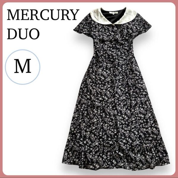 MERCURY DUO ケープレイヤードフラワーフレアワンピース 花柄 ブラック 春夏 ロングワンピース 総柄 大人かわいい 半袖