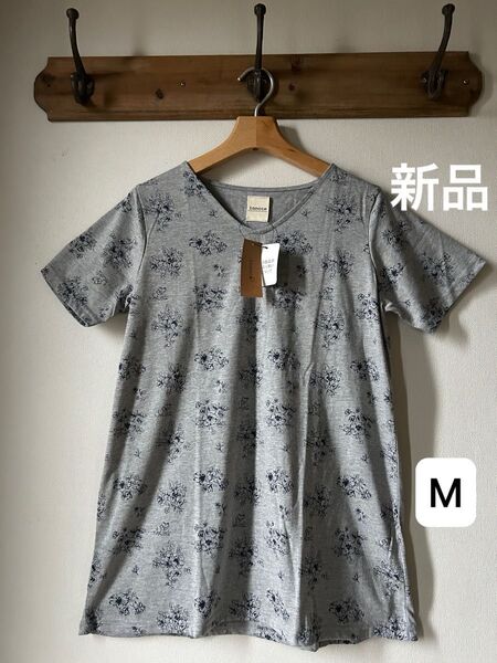 ナチュラル系 Vネック 花柄トップス Tシャツ グレー×ネイビー Mサイズ