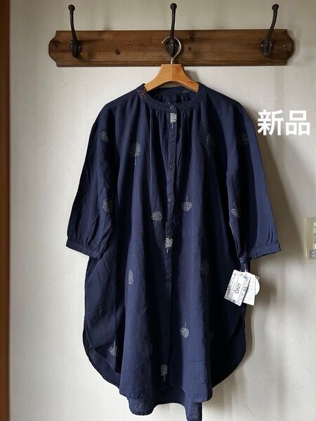 ナチュラル系 ツリー柄刺繍 綿麻混7分袖チュニックワンピース ネイビー M〜L ゆったりめ