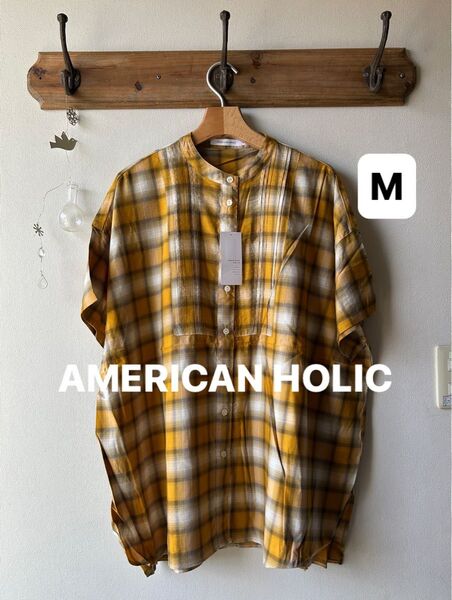 AMERICAN HOLIC アメリカンホリック バンドカラーポンチョシャツ チェックイエロー Mサイズ