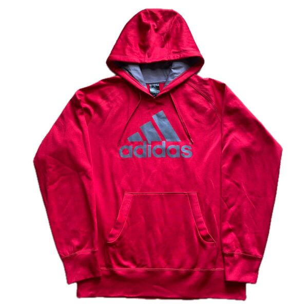 adidasアディダス ロゴプルオーバーパーカー レッド/フード裏地グレーメッシュ メンズサイズXL