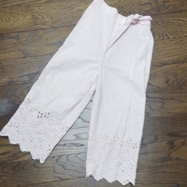 女の子★ZARA 裾がレースのワイドパンツ 薄ピンク 116cm