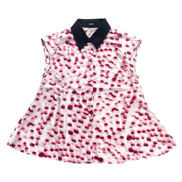 美品 JIL SANDER NAVY ノースリーブ Aライン ブラウス 総柄 ホワイト ジルサンダー ネイビー トップス シャツ