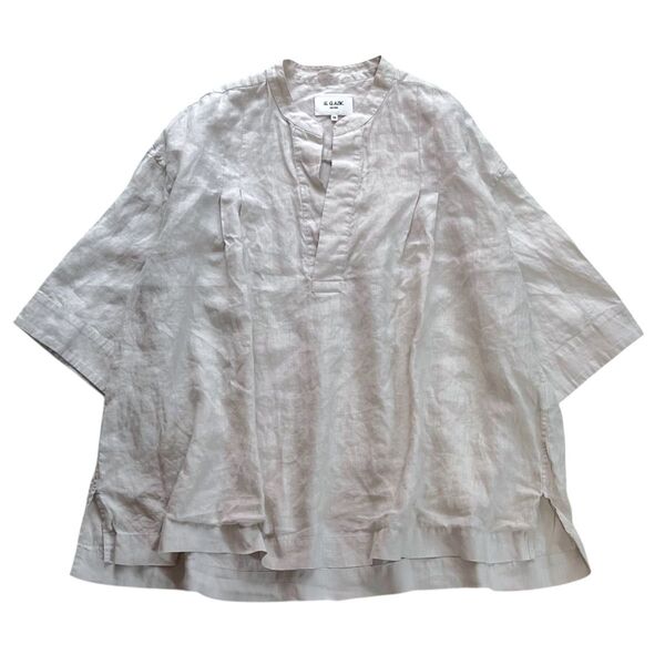 美品 LE GLAZIK リネン スキッパーシャツ 36 日本製 五分袖 ブラウス 麻100% アイボリー ルグラジック