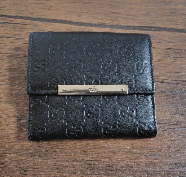 中古 GUCCI グッチ シマ 二つ折り 財布 ブラック レザー