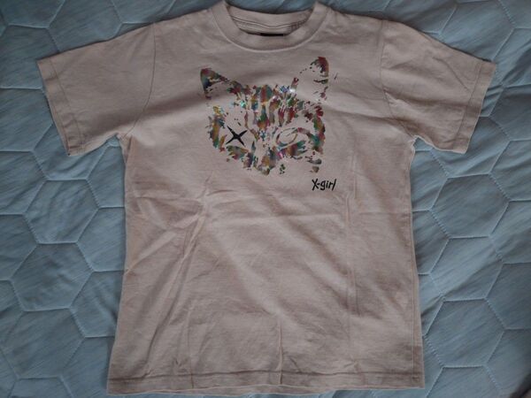 x-girl☆エックスガール キラキラ猫ベージュTシャツ サイズ1 半袖