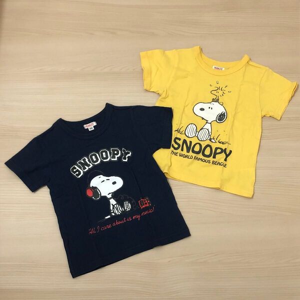 SNOOPY スヌーピー 男の子 女の子 半袖 Tシャツ 100サイズ 綿100% 記名無し イエロー 黄色 ネイビー 紺色 2着