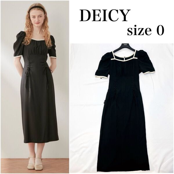 DEICY レースアップバイカラーワンピース サイズ1 ブラック パフ袖 リボン