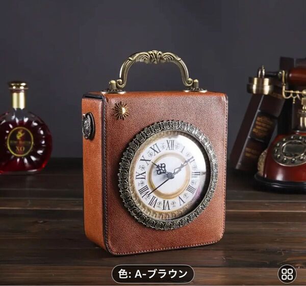 ヴィンテージ アンティーク 時計付 ブラウン ショルダーバッグ ハンドバッグ クロックバッグ 2WAY 美品・未使用品