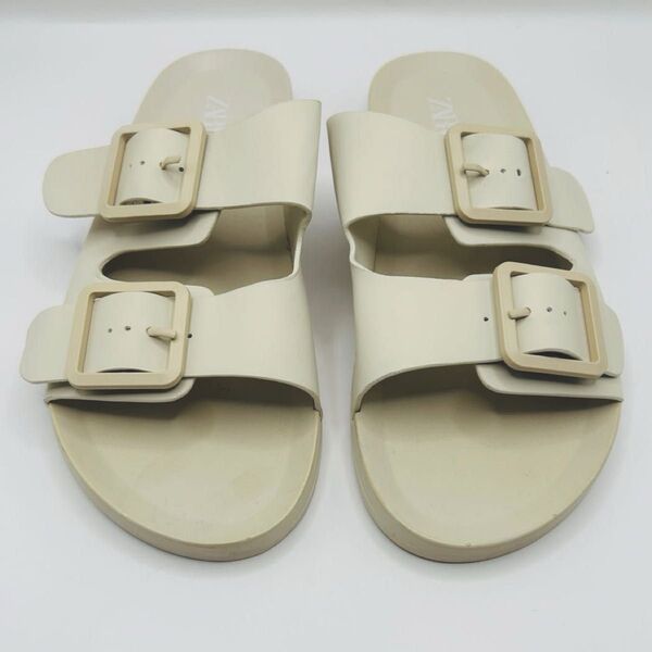 ZARA ザラ ダブルベルト フラット サンダル エクリュ アイボリー 38/39 ラバー バックル