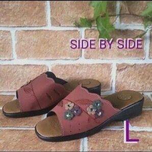レディース 【 SIDE BY SIDE】軽量サンダル 片足約128g 花柄オレンジ系:L/3E(24cm相当)ヒール約4cm