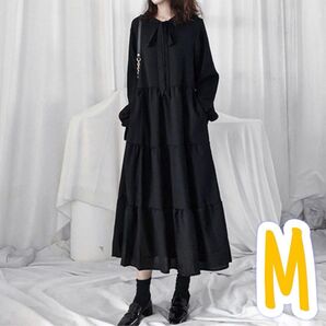 レディース ティアード ロングワンピース ブラック M Aライン ミモレ丈 体型カバー ゆったり シャツワンピース