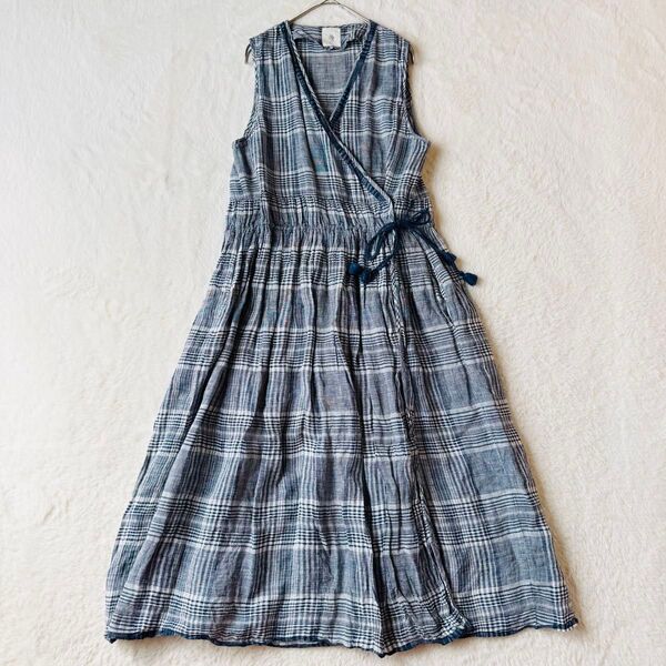 Maison de soil ノースリーブワンピース リネン 麻 チェック カシュクール ラップワンピース インド綿